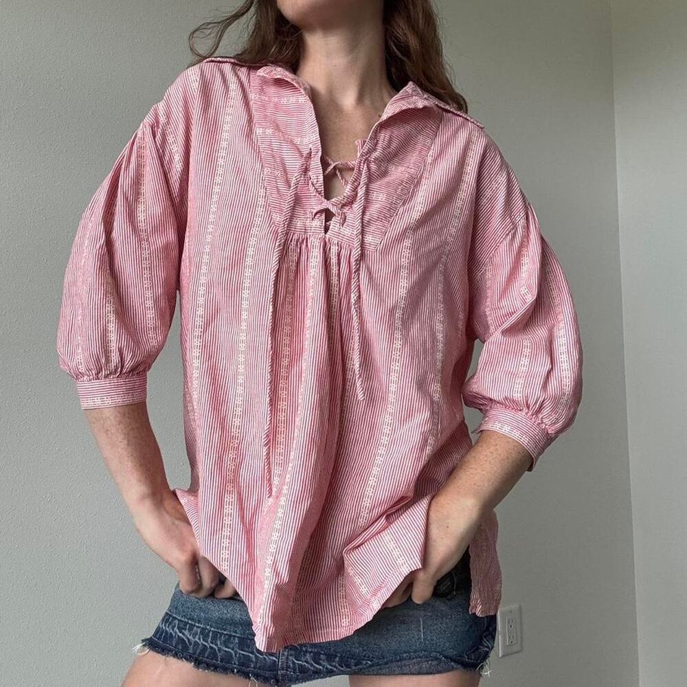 Vintage boho red white striped cotton peasant blouse
